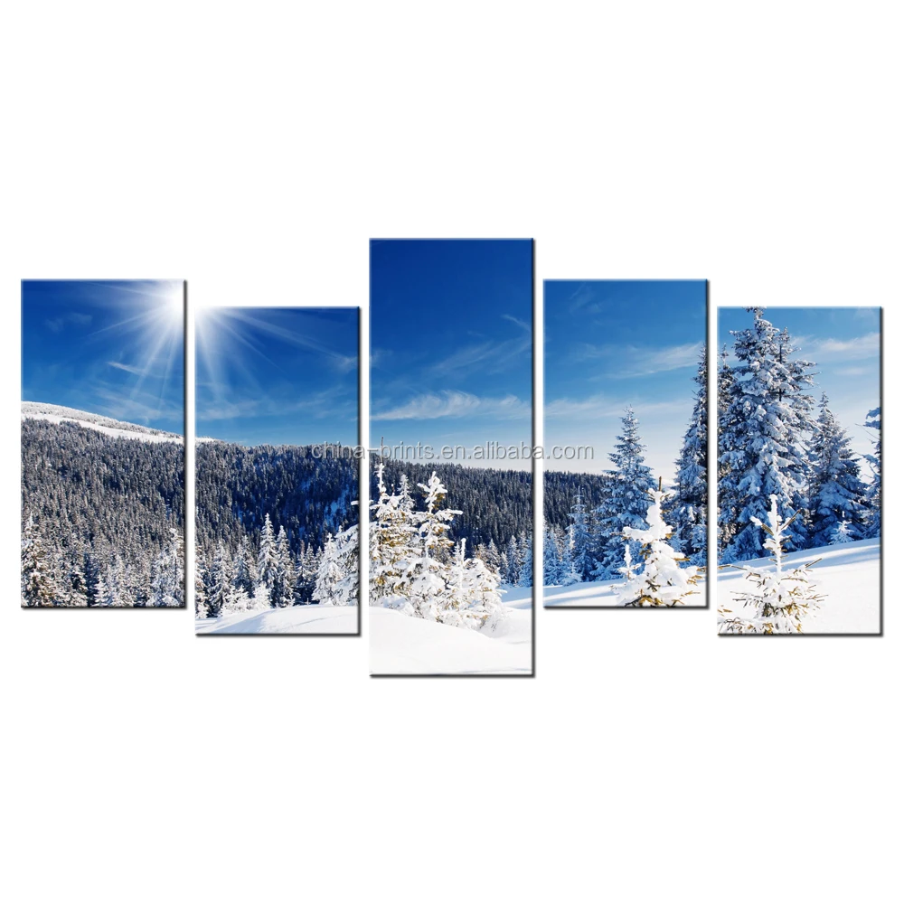 Gran 5 piezas de la lona arte de la pared de invierno soleado Pino árbol imagen impresa sobre lienzo de paisaje cubierto de nieve para vivir casa habitación Decoración