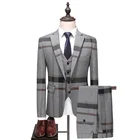 2019 latest design 3 piece tuxedo slim fit color grey TR plaid vest coat pant men suit for wedding