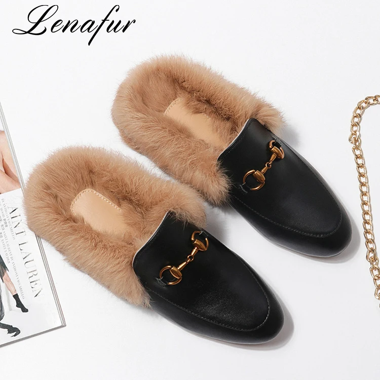 fur leather slides