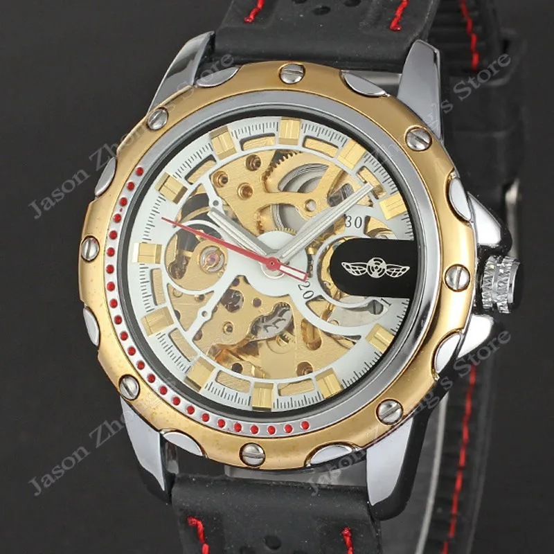 New WINNER Hollow Engraving Skeleton Casual Design Black Golden Case Rubber Strap Watches Men Luury Brand Automatic Watches