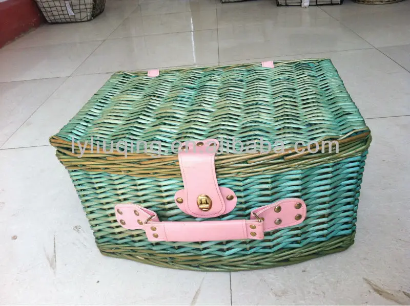green-washed willow/wicker outdoor picnic basket with liner