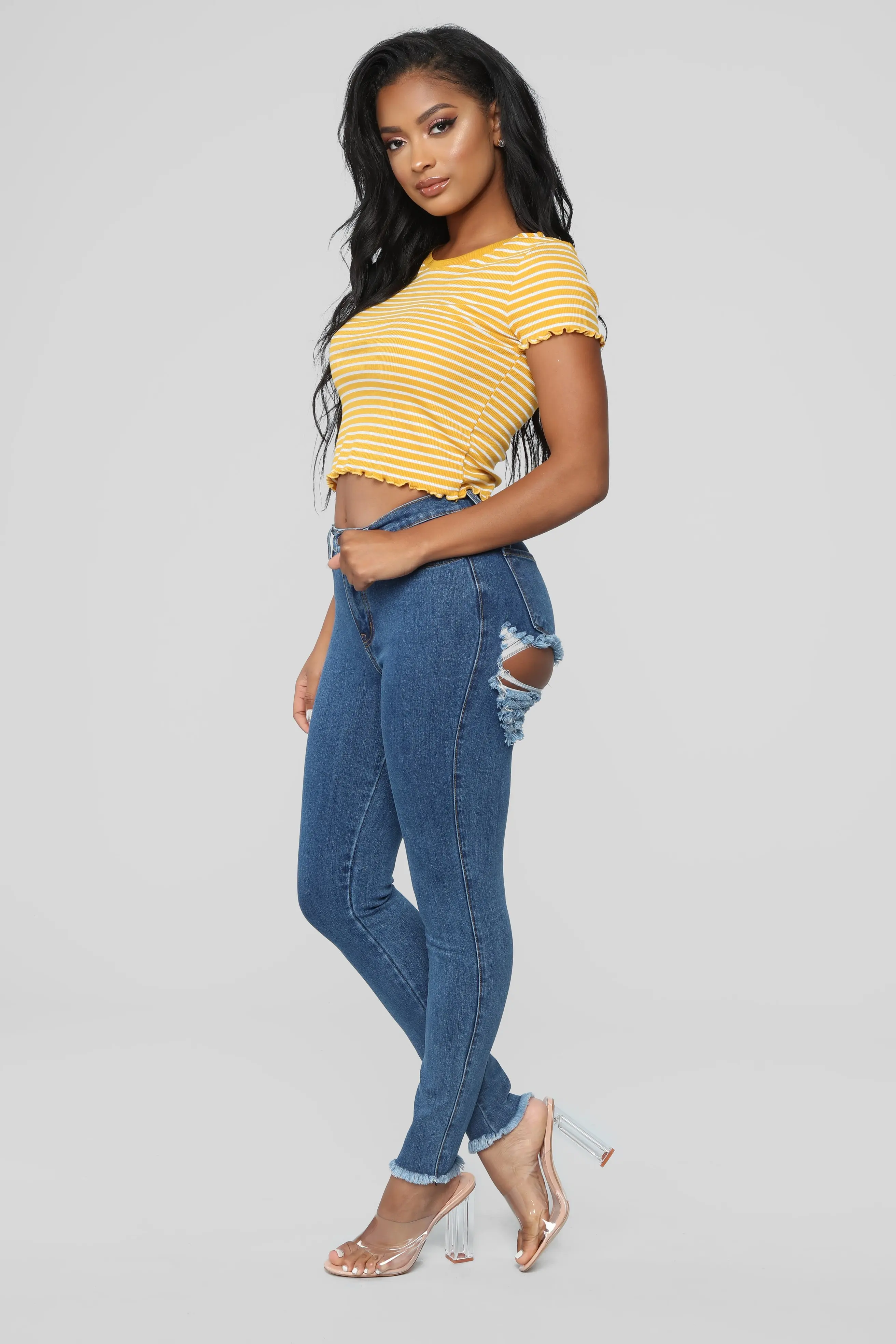 HIgh Waist Blue Denim With Butt Distressed Skinny Lady Pencil Jeans