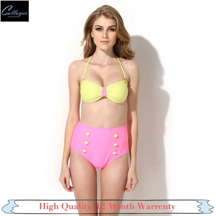 COLLOYES Brand New 2015 Women Swimwear Push Up Bikini Set Biquini Blue Greenish Triangle Top High Waist Bottom Hot Swimsuit