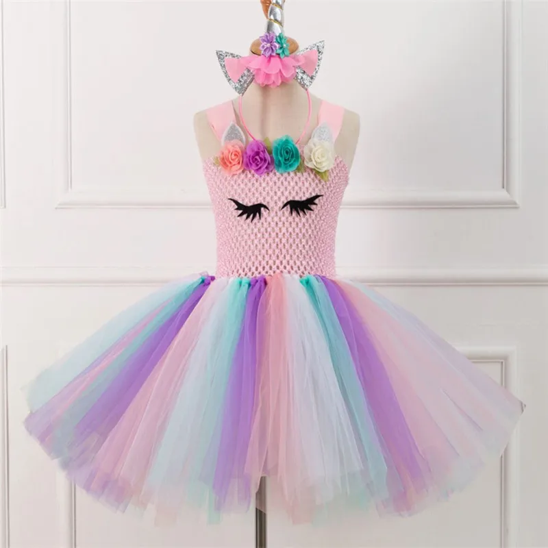 2019 de moda de fiesta de Halloween de niño niños niña de 2 pc set (Diadema + vestido) de dibujos animados Arco Iris unicornio vestido de traje