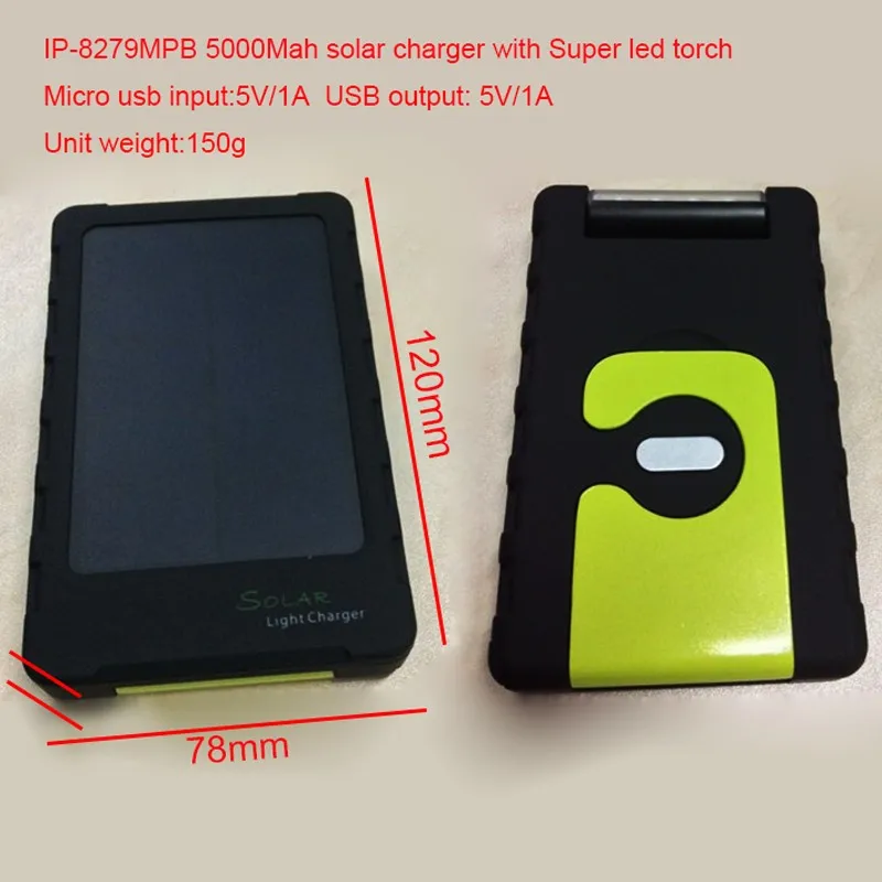 outdoor camping foldable mobile solar power bank 5000 with super Led torch and kick stand
