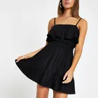 Sweet black frill shirred beach women dress with cami shoulder straps
