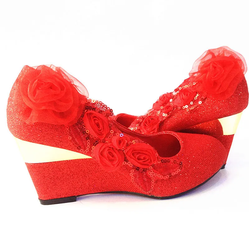 Fashion Shallow Mouth Red Flower Sequin Wedding Shoes Bridal Shoes Wedge Heel 2015 Models Wild Dress Shoes High-Heeled Shoes Red