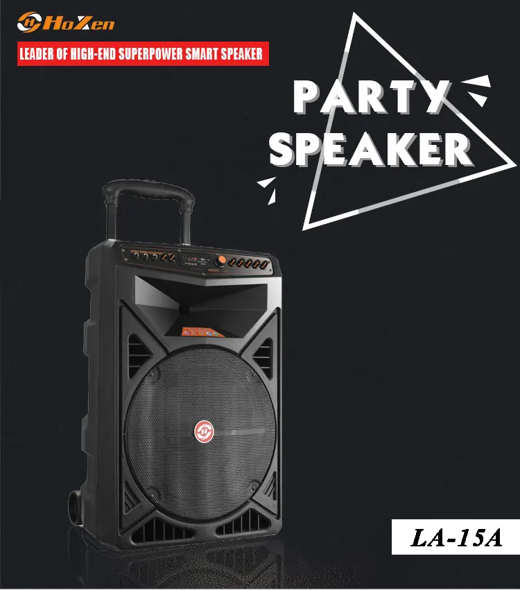 15 inch plastic dj subwoofer portable trolley wireless party speaker with Wireless Handheld Microphone, Mic/Guitar Jack