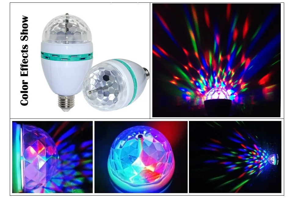 NEW Style RGB Full Color E27 3W AC 110V 220V LED Bulb Crystal Auto Rotating Stage Effect DJ Mini Laser Disco Stage light lamp