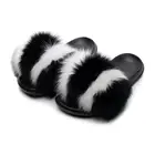 Real Fox Fur Slippers Women Black White Fur Slides Casual Fox Hair Home Summer Slippers Flat Fluffy Fashion Shoes