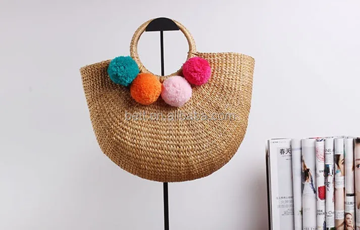 beach bag with wood round handle straw summer basket handbag