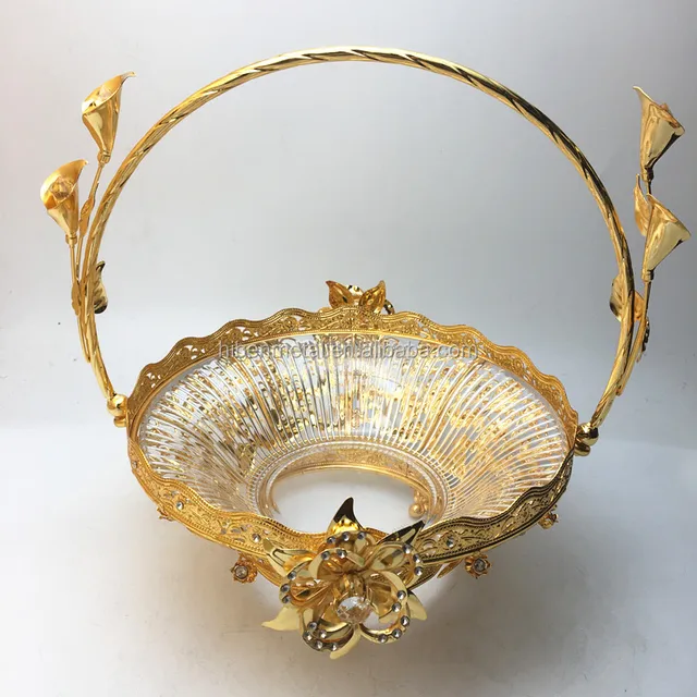 gold plating metal fruit basket with flower decorate glass fruit