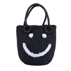 High Quality Natural Paper Straw Crochet Crossbody Women Handbag Smiley Face Style Black Beach Straw Bag
