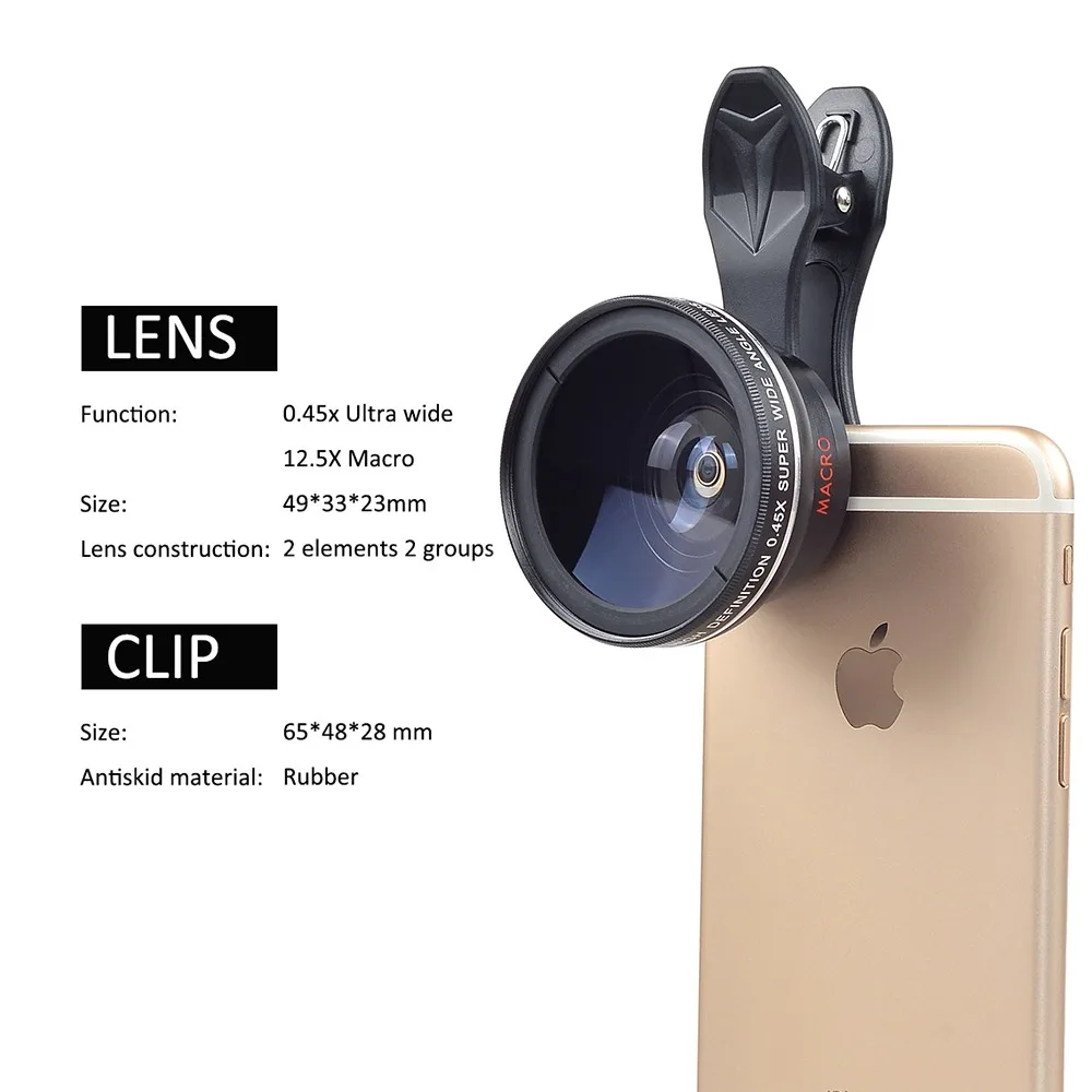 Apexel 0.45X wide anlgle macro lens mobile phone camera lens 2 in 1 lens kit for HUAWEI phone
