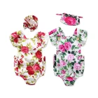 Summer children's clothing green flowers girls baby jumpsuit romper with headgear