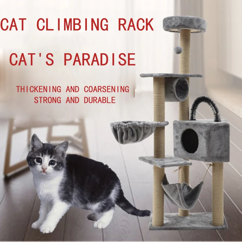 large plush wooden climbing tower cat tree with hammock