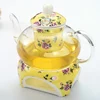 Borosilicate Glass Pot Floral Design Tea Set with Ceramic Warmer for Home Decoration