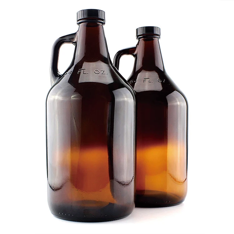 Amber Glass Growler Jugs 64-OunceHalf Gallon (2-Pack) w Black Phenolic Lids, Great for Kombucha, Home Brew, Distilled Water