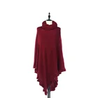 Solid Color Cashmere Like Piece Dye High Neck Ruffled Poncho For Ladies