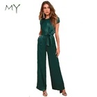 Women Chic Forest Green Silky Satin High Waist Wide-Leg Jumpsuit