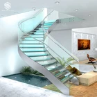 Morden Steel Arc Curved Staircase with Glass Steps and Installed with LED Light