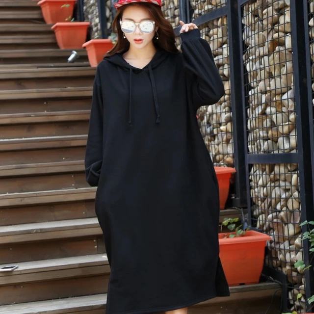 New Autumn And Winter Fashion Korean Big Size Thick Hooded Sleeper Casual Loose Plus Velvet Dresses