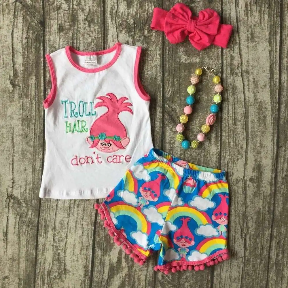 baby Girls Summer clothes girls children troll hair don;t care outfits kids rainbow shorts outfits with accessories