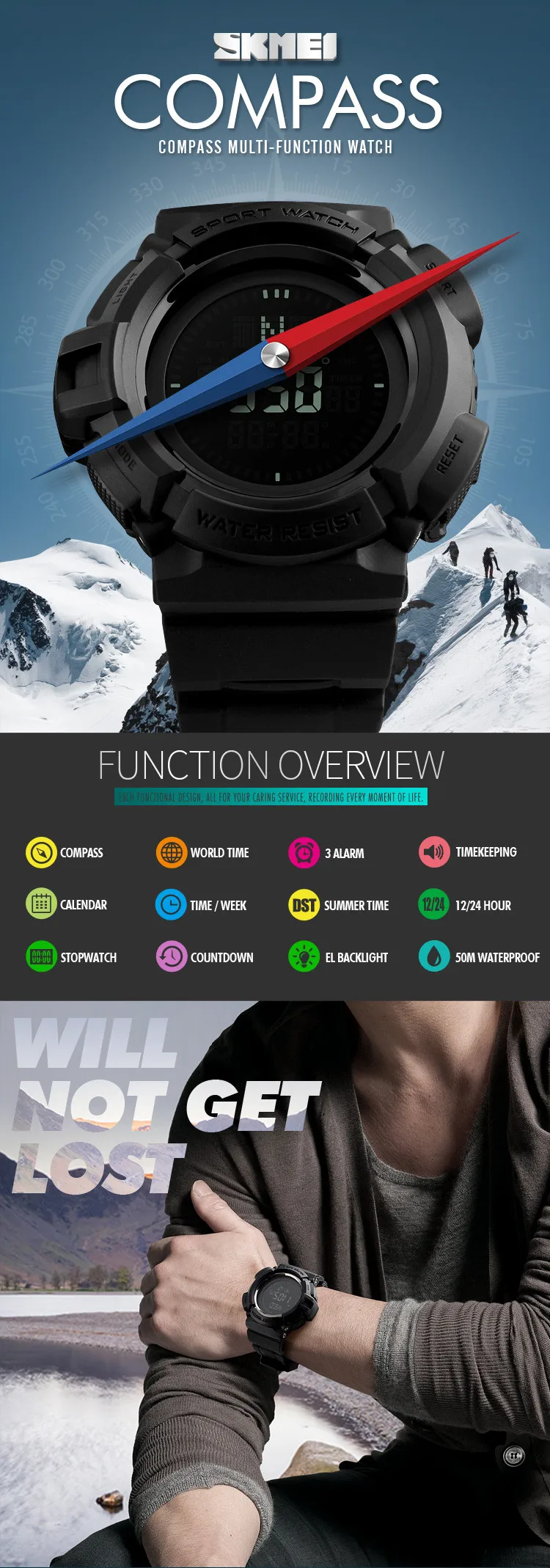 Skemi New Concept 5tam Waterproof Compass Watch Digital In Wristwatch For Men