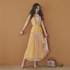 Bright yellow stitching dress contrast color sleeveless lace ladies elegant fashion summer mid dress