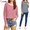 Wholesale cheap women casual long sleeve crew neck fitted leather trim stripe t-shirt factories supplier in china