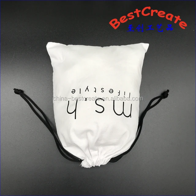 custom printed white cotton muslin bag with black drawstring