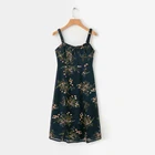 Summer women's black sling print side slit tie V-neck dress