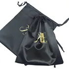 Black Custom Size Drawstring Satin Hair Extension Packaging Bags with Tassels
