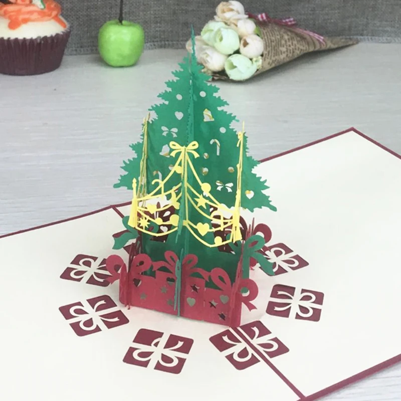 1pcs Sample Christmas Tree 3D Laser Cut Greeting Pop Up Card Ivitation Custom Postcards Christmas Thanksgiving Day Party Gifts (2)