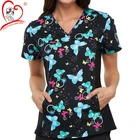 2019 Wholesale Fashion Tunic Style Women's V-Neck Floral Print Medical Nurse Scrub Top