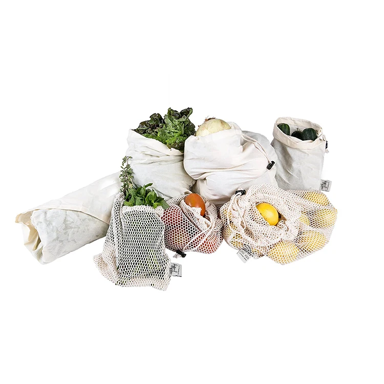 organic cotton muslin and mesh drawstring bags for shopping