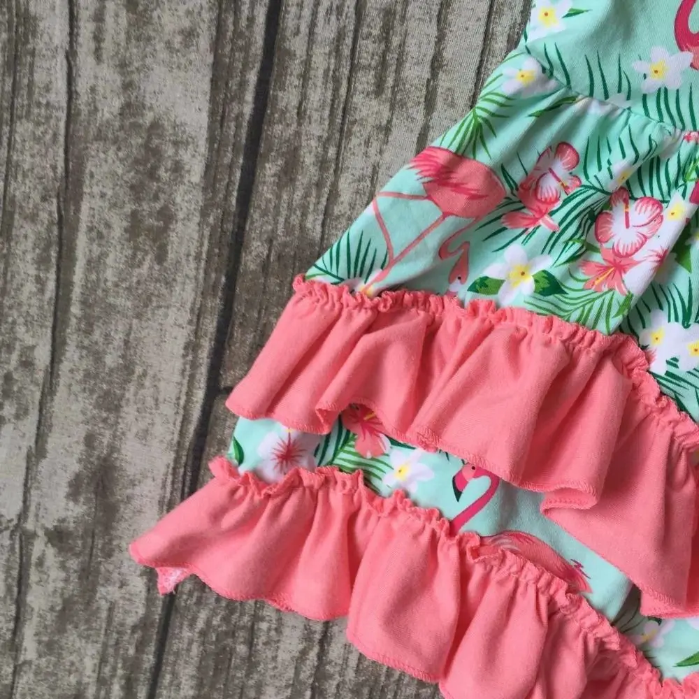 baby girls clothes kids wear summer Flamingo mint coral ruffles print dress cotton mtaching accessories boutique sleeveless