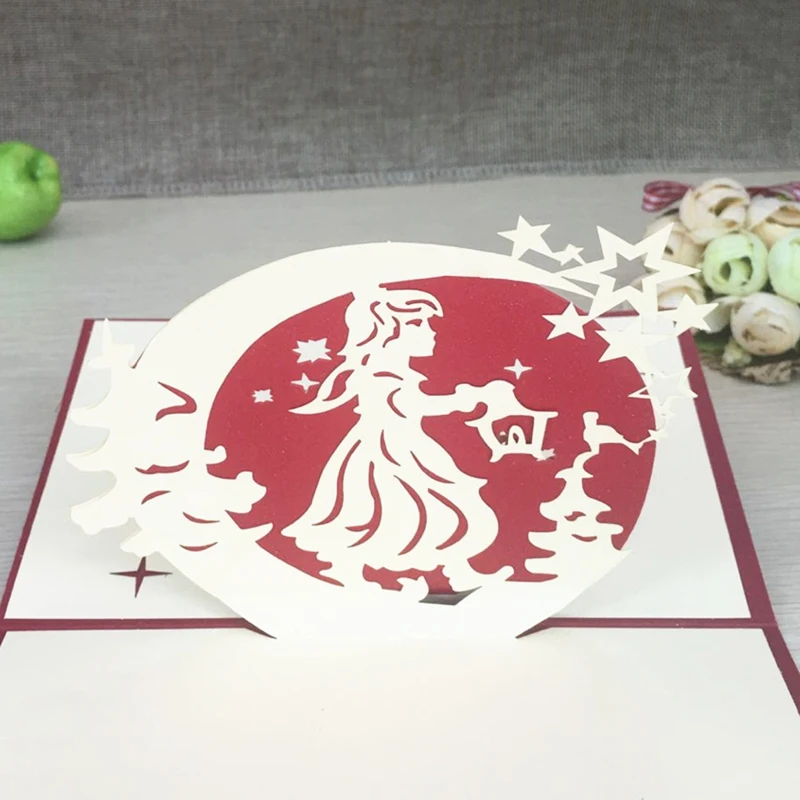 1pcs Christmas Girl 3D Laser Cut Greeting Pop Up Card Invitation Custom Postcards Christmas Thanksgiving Day Party Gifts (6)