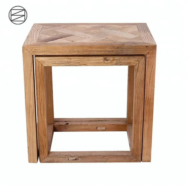 Modern Living Room Furniture Square Reclaimed Solid Wooden Coffee Tea Table Set