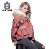 Printed Short parka Women Coat Red Fox Fur Hood Down Parka With 100% raccoon fur Collar