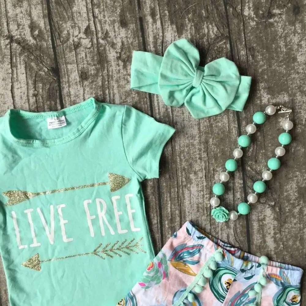 baby Girls Summer clothes girls children LIVE FREE girl outfits kids arrow outfits mint top with shorts with accessories