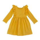 Baby Frocks Design Mustard Long Flutter Sleeve Cotton Dress Warm Dresses For Girls