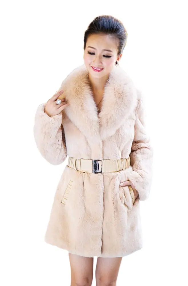 Queenshiny Long Women's 100% Real Rex Rabbit Fur Coat with Fox Collar