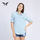 Latest design soft casual women printed long sleeve denim shirt