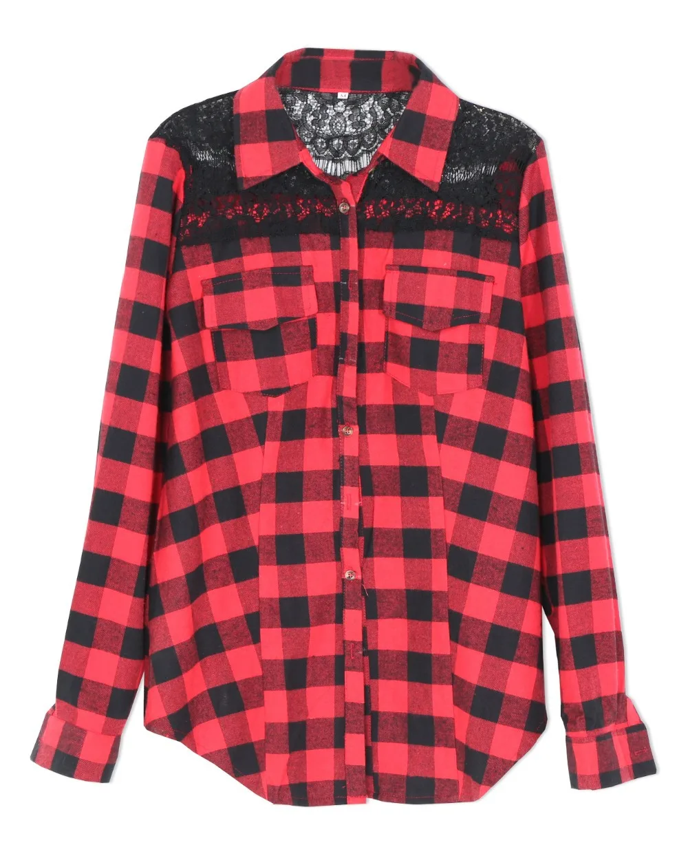 2015 New fashion women summer shirt full sleeve turn-down collar lace decorate plaid women shirt