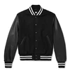 Custom luxury leather sleeve mens wool varsity bomber jacket men with striped knit cuffs