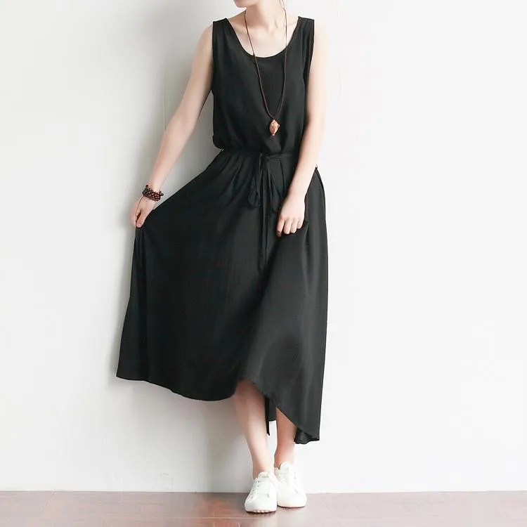 2015 New Women Summer Casual Vest Dresses Black Rayon Slit Tank Sleeveless Mori girl vintage art Dresses Mid-calf Round neck