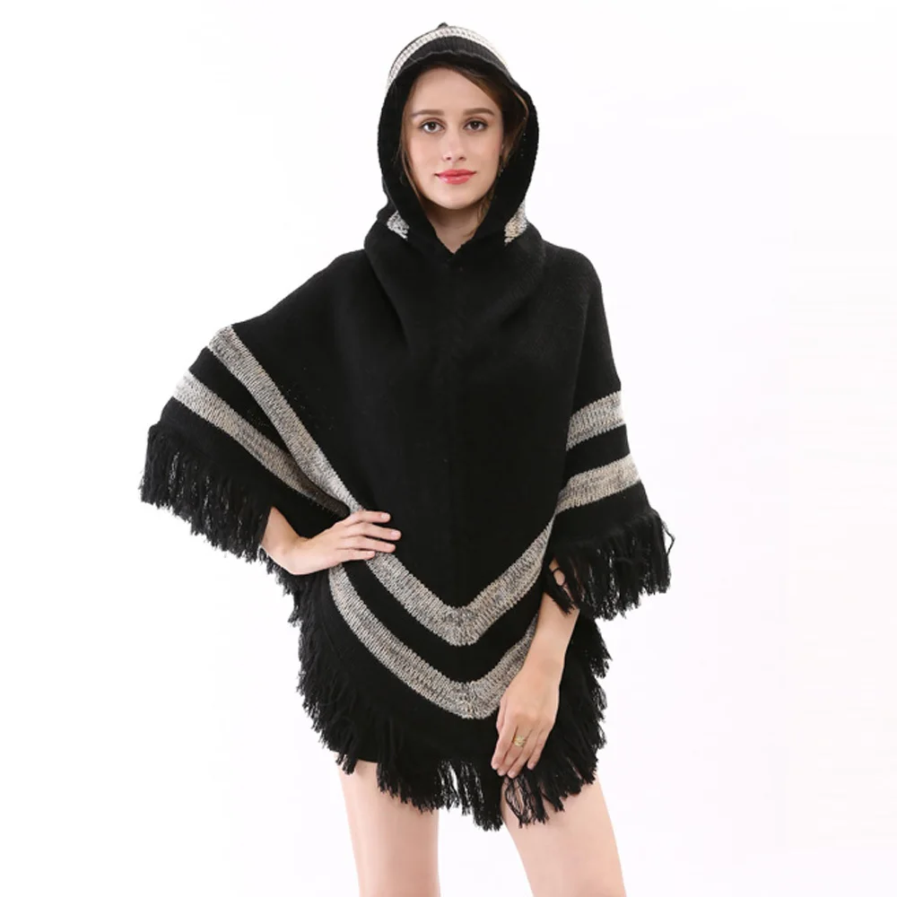 2015 New Brand Women's Knitted Tassels Hooded Pashmina Fall Desigual Beige Black Soft Warm High Quality Winter Poncho 100*83cm