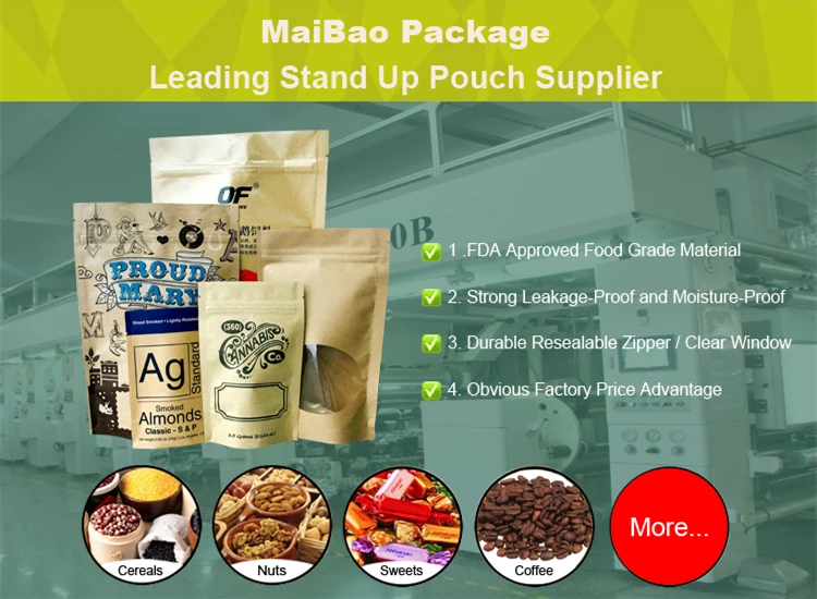 custom resealable stand up food packaging brown kraft paper bag