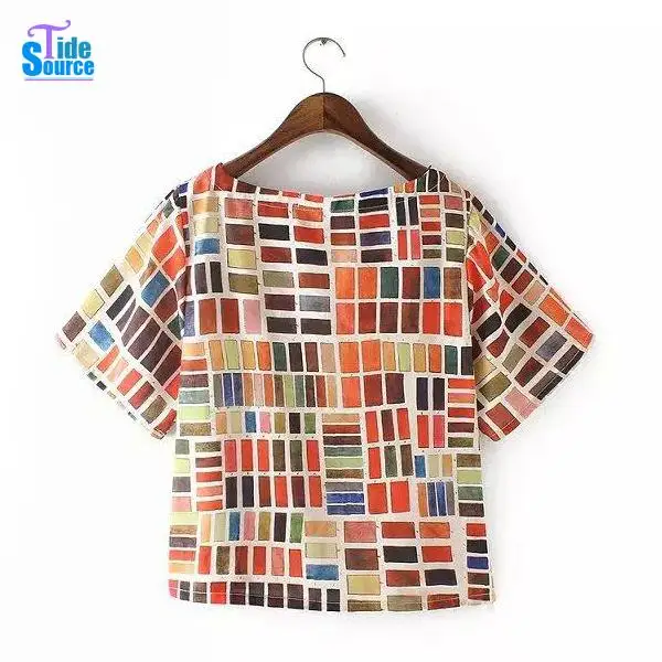 Colorful Plaid T Shirts Women 2015 Summer Style Casual T-shirts Girls Casual tshirts Short Sleeve Plaid Tops Women Vintage Tops